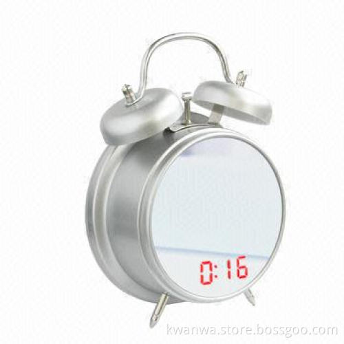 Mirror clock with twin bell, LED time display and alarm function